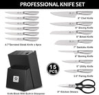 imarku® Kitchen Knife Set, 15 Pcs Japanese Knife Set with Block, Premium Razor-Sharp Chef Knives Set for Kitchen with Sharpener, Rust-Proof, Ergonomic Full-Tang Handle, Black