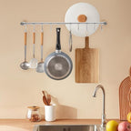 Kitchen Hanging Racks 304 Stainless Steel 20 Inch Rail Utensil Storage Hanger with 10 Pcs Noiseless Sliding Hooks, Wall Mounted Rod Holder for Pots Pan Spatula Spoon Cookware Mug Cup (Silver)