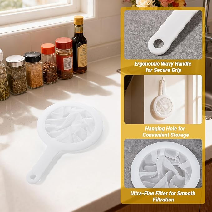 Ultra Fine Mesh Strainer with Handle, 120 Mesh, Plastic Strainer for Juicing, Small Colander for Kitchen, Nylon Fine Sieve for Nut Milk, Yogurt, Juice, Coffee, Honey, Food, Tea Leaf Filter