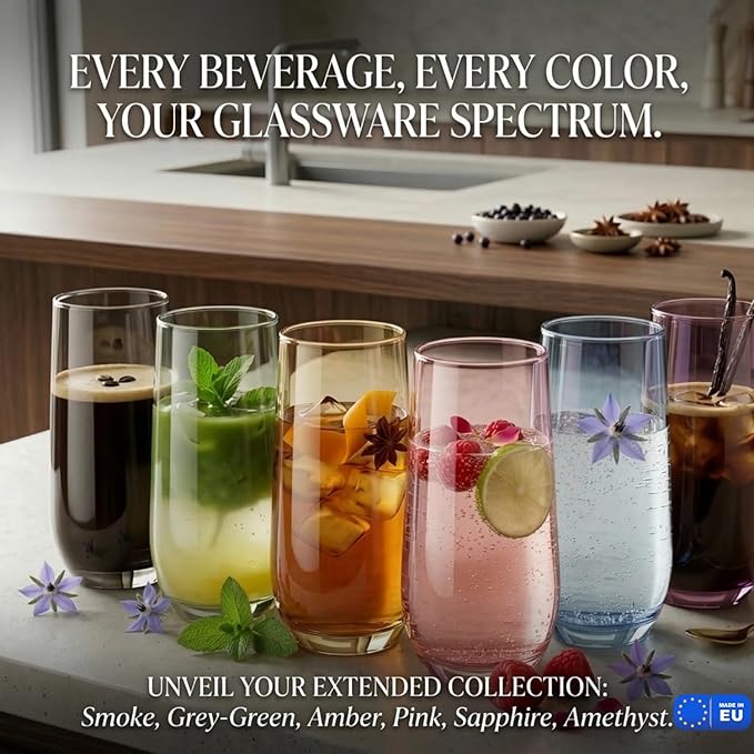 Grey Drinking Glasses Set of 6 | Translucent Black Glassware | 16 oz Smoked Grey Glass Cups | Highball Drinkware for Cocktails, Long Drink, Mojito, Juice, Soda | Modern Charcoal Drinkware