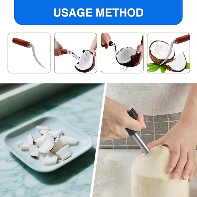 Coconut Opener Tool Set with Straws, Stainless Steel Straw Hole Punch and Coconut Meat Remover Scraper