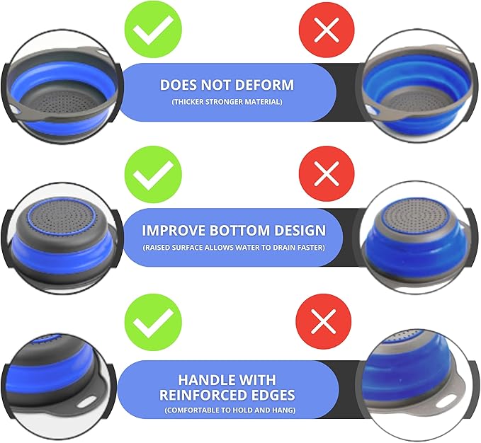 Round Silicone Blue Colander Collapsible – Foldable Kitchen Strainer Small Collapsible Colander Blue with Plastic Handles for Draining Vegetable and Fruit Round Silicone Kitchen Strainer for Pasta