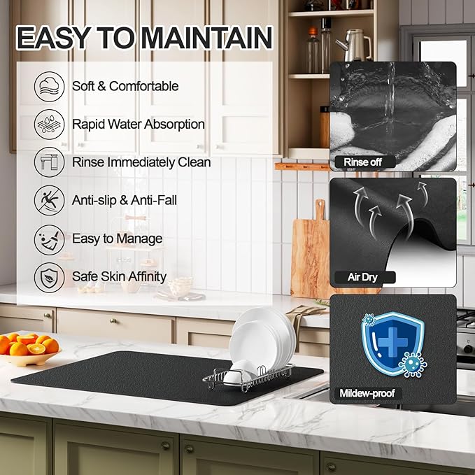 Ecotrim - Dish Drying Mat for Kitchen Counter | Coffee Bar Mat for Countertops | Heat Resistant Drainer Mat with Non-slip Rubber Backed | Hide Stain Kitchen Absorbent Draining Mat | Black 18"x32"