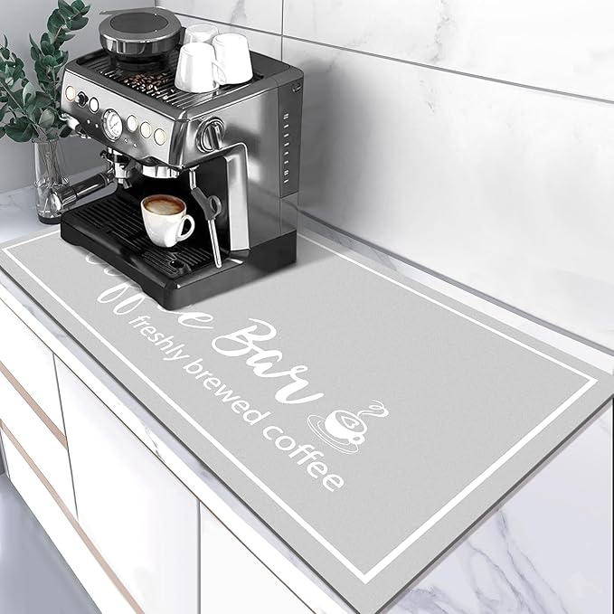 Findosom Dish Drying Mat, 17"x 32" Super Absorbent & Hide Stain Coffee Mat, Cuttable Drying Mat for Kitchen Counter, Coffee Bar Accessories, Under Dish Rack, Coffee Maker, Espresso Machine, LightGrey