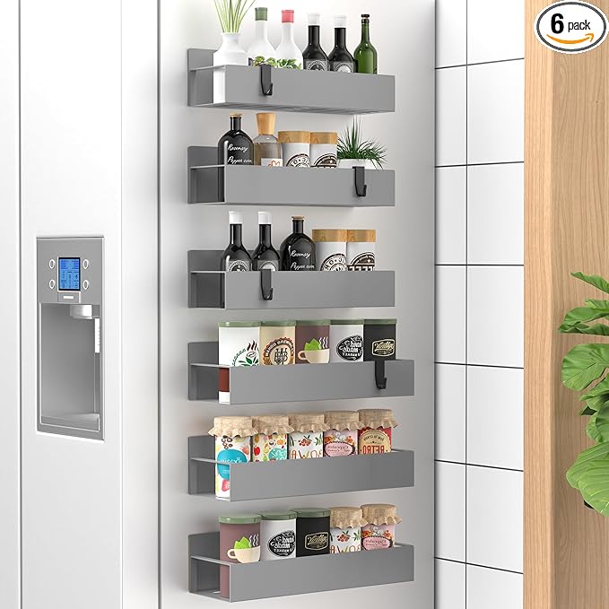 HuggieGems 6 Pack Magnetic Spice Storage Rack Organizer for Refrigerator and Oven, Gray Fridge Organizers and Storage