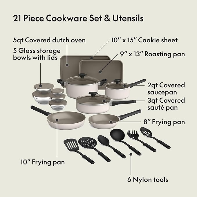 bella 21 Piece Kitchen Set with EverGood™ Ceramic Nonstick Coating, Dishwasher & Oven Safe, All Stovetops Compatible, Tempered Glass Lids & Cool Touch Handles, Oatmilk