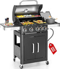 2 in 1 Propane Gas BBQ Grill with Side Burner & Porcelain-Enameled Cast Iron Grate, 4-Burner Flat Top Griddle, 46,700 BTU Outdoor Barbecue Propane Griddle Grill Combo for Camping, Patio, Backyard