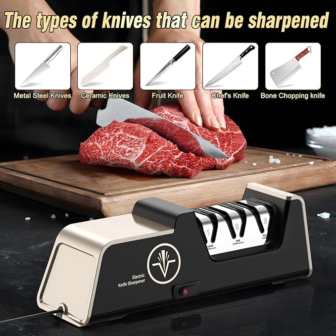 VIDOME Professional Electric Knife Sharpener with 100% Diamond Abrasives, 3-Stage Precision Angle Guides, Champagne Gold, for Kitchen Straight Edge and Ceramic Knives