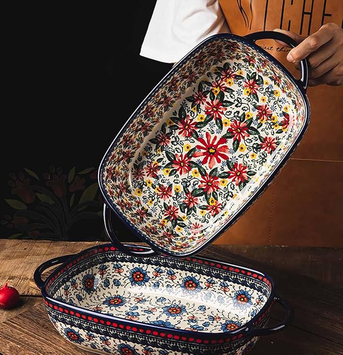 Red Daisy Flower Vintage Style Ceramic Bakeware Casserole Dish Baking Pan Lasagna Pans Baking Dish with Handles for Oven/Cooking/Kitchen-1 PCS, 60 OZ