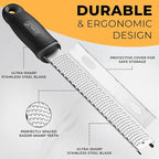 Orblue Lemon Zester & Cheese Grater - Premium Citrus Zester, Kitchen Grater for Parmesan, Chocolate, Fruits, Vegetables, Ginger, Garlic, Nutmeg - Stainless Steel Blades with Protective Cover, Black