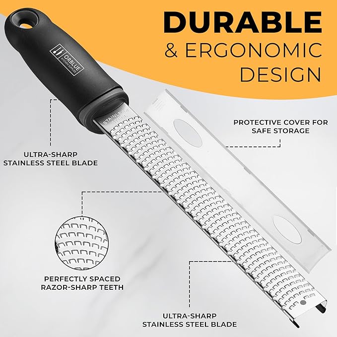 Orblue Lemon Zester & Cheese Grater - Premium Citrus Zester, Kitchen Grater for Parmesan, Chocolate, Fruits, Vegetables, Ginger, Garlic, Nutmeg - Stainless Steel Blades with Protective Cover, Black