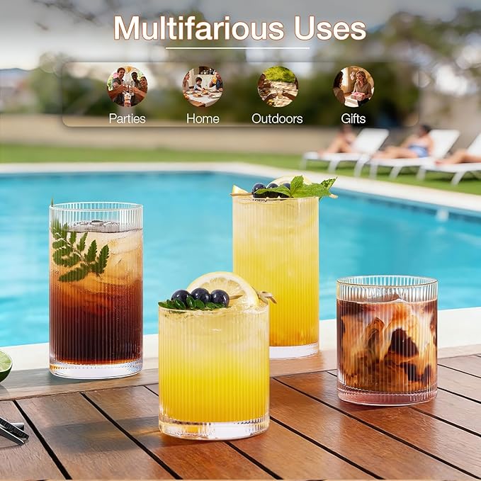 LUNA & MANTHA Ribbed Glasses Drinking Set of 8-17oz Large Capacity Highball Glasses, 12oz Rocks Glass Cups, Vintage Cocktail Glasses, Ideal for, Water, Ice Coffee Cup, Whiskey, Mixed Drinkware