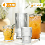 Drinking Glasses Set of 4, 16oz Glass Cups & 7oz Glasses Drinking Set, Stackable Drinkware Set, Vintage Glassware for Iced Coffee, Whiskey, Juice, Cocktail