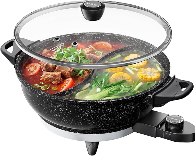 TWIN™ Electric Hot Pot with Divider | EvenHeat Cast Aluminum Non-Stick Pot for No-Spot Cooking | 1500W Fast Heating | Dual-Flavor Shabu Shabu Pot for | 1-Yr Warranty | Granite Black