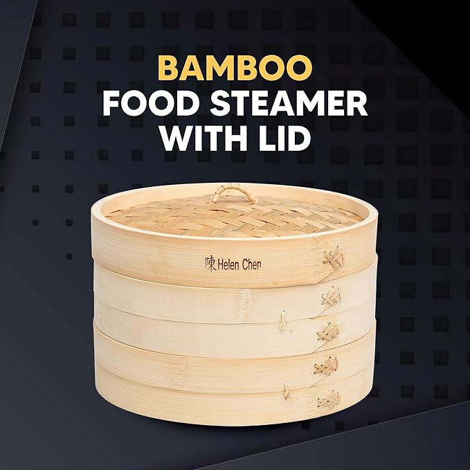 Helen's Asian Kitchen Bamboo Food Steamer with Lid - 100% Natural Bamboo - Basket Steamers for Cooking Dumplings, Dim Sum, Veggies, Fish, Meat - Preserve Nutrients & Flavors - 10-Inch