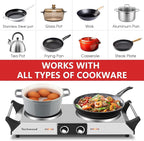 Hot Plate, Techwood Double Burner for Cooking, 1800W Countertop Electric Stoves with Adjustable Temperature & Stay Cool Handles, Dual Cooktop for RV/Home/Camp, Upgraded Version Stainless Steel, Silver