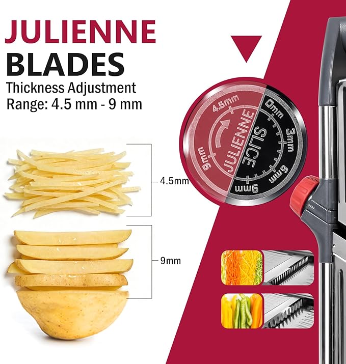Masthome Adjustable Mandoline Food Slicer, Mandoline Slicer for Kitchen, Stainless Steel Mandolin, Fruit and Vegetable Cutter with Cut-Resistant Gloves and Cleaning Brush-Red
