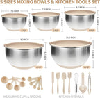 Deedro Premium Mixing Bowls with Airtight Lids Set, 22Pcs Thicker Stainless Steel Mixing Bowl Set, Large Prep Metal Bowls, Non-Slip Silicone Base Nesting Bowls for Kitchen, 1.5/2/3/4/5 QT, Khaki