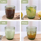 abrwyy 6Pcs Green Drinking Glassware, 10oz Drinking Glasses, Heavy Duty Glass Cups, Colored Embossed Glasses Set for Party Wedding Home Office Glassesware Gift