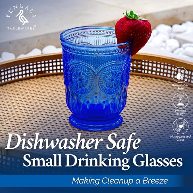 Cobalt Blue Glassware drinking glasses Set of 6, Handcrafted 8-Ounce Cups with Vintage Sunflower Pattern, Sturdy Lead-Free, Dishwasher Friendly blue drinking glasses with matching highball and goblets