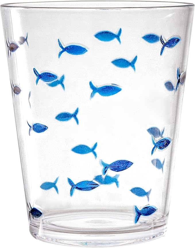 KLIFA- CHARLESTON- 16.5 oz, Set of 6, Acrylic Fishing Tumbler, School of Fish Drinking Glasses, BPA-Free, Stackable Plastic Drinkware, Dishwasher Safe Cups, Clear with Dark Blue Printing