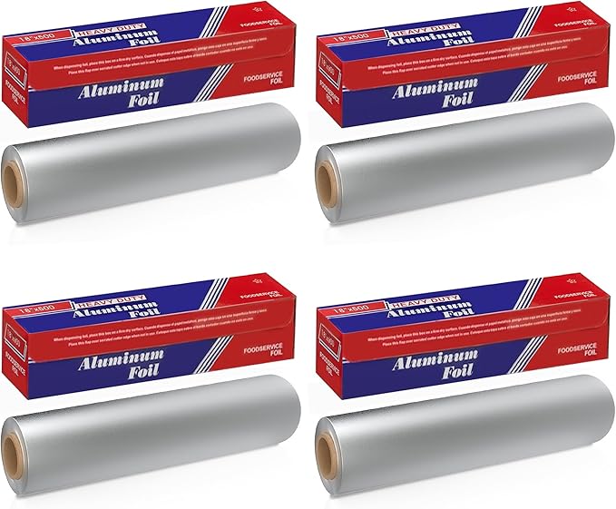 Ox Plastics Aluminum Foil Wrap | Heavy-Duty, Commercial Grade for Food Service Industry | Silver Foil for Cooking, Roasting, Baking, BBQ & Parties | 18"x 500 feet (4 Pack)