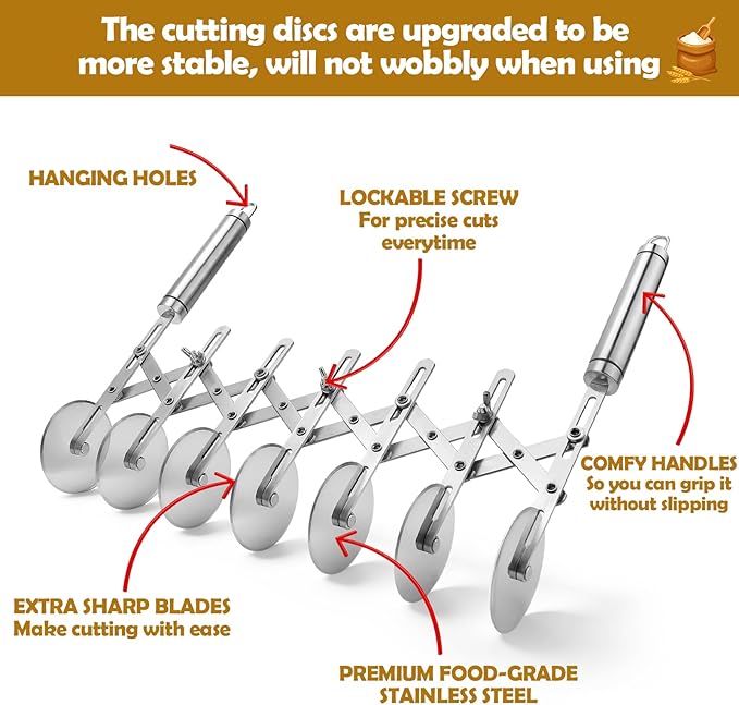 Juome 7 Wheel Pastry Cutter with Handle, Multi-Round Wheel Pasta Dough Cutter Roller Stainless Steel Pizza Slicer Accordion Pastry Knife Divider Tool