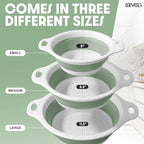Gevoli Collapsible Colanders (3 Pack Set) Food Strainers with Over-Sink Water Draining Base for Pasta Fruits and Vegetables, White/Sage (3 Sizes, 3QT, 4QT and 5 Quart)