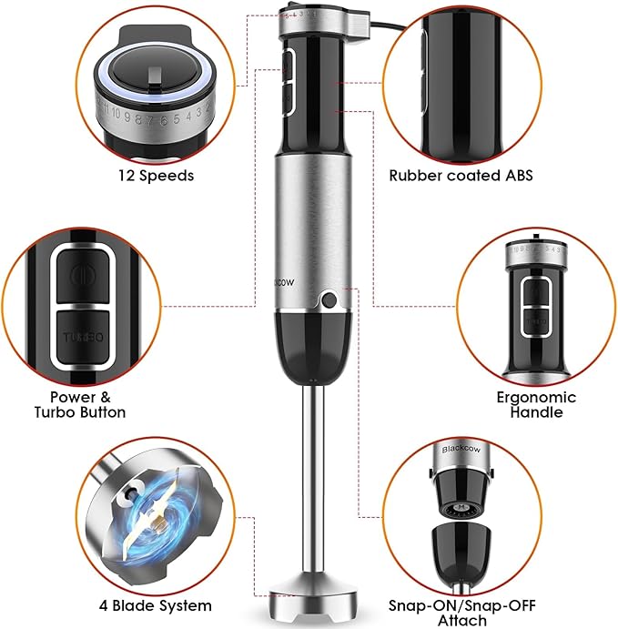Blackcow Immersion Blender Handheld, 800W Powerful Electric Hand Blender with Titanium Alloy Blades, 12 Speeds & Turbo, Electric Hand Mixer for Smoothies, Soups, Baby Food and Purees
