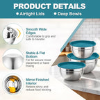 TeamFar Mixing Bowls, Stainless Steel Nesting Salad Bowls with Airtight Lids Set, For Serving/Mixing/Storing, Healthy & Heavy-duty, Dishwasher Safe & Easy Clean, 4.6/3 / 1.5 QT, Navy Blue