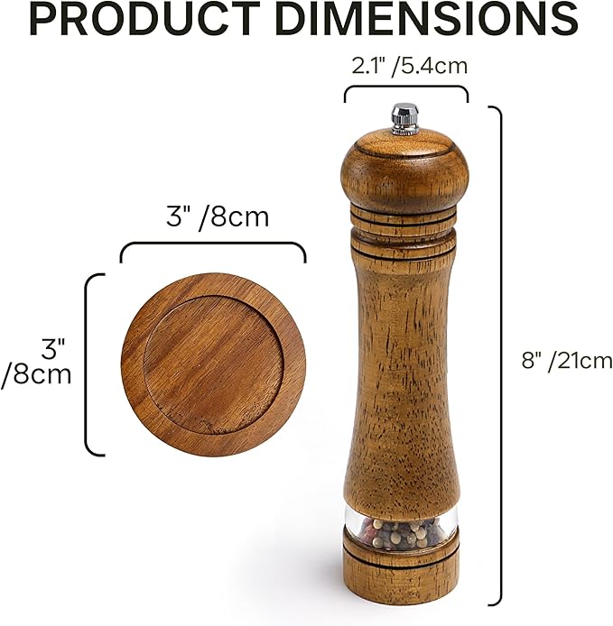 Wood Salt and Pepper Grinder, Salt Grinder and Pepper Mill, Oak Wood Shakers with Adjustable Ceramic Grinders (8″ - 1 Pack with Tray)