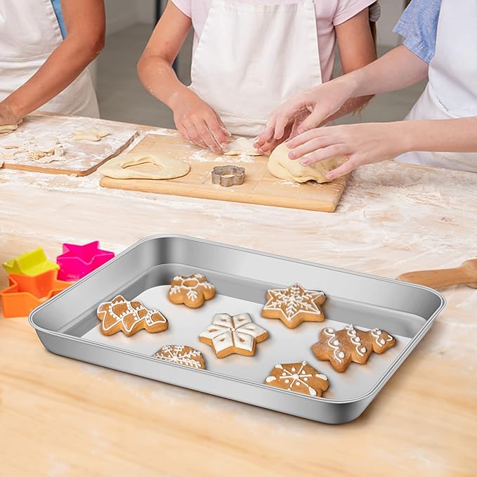 P&P CHEF 9 x 7 x 1 Inch Toaster Oven Pan with Grid Rack and Silicone Mat, Stainless Steel Toaster Oven Tray Baking Pan with Cooling Roasting Rack, Dishwasher Safe (3Pcs)