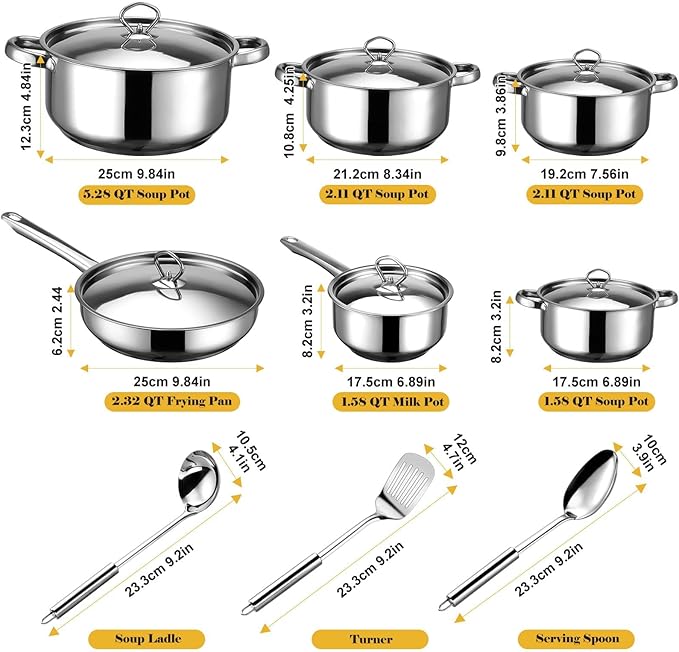Hunnycook Stainless Steel Cookware Set - 15 Pieces Stainless Steel Pots and Pans Set, Includes 6 Pots and Pans, 6 Lids and 3 Utensils, Fixed Handles, Induction Safe and Dishwasher Safe