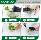 Santozz Rotary Salad Spinner with Bowl 4.2Qt, Lettuce Dryer, Vegetable Washer, Colander and Build in Draining System for Washing, Draining Vegetables, Greens and Fruits