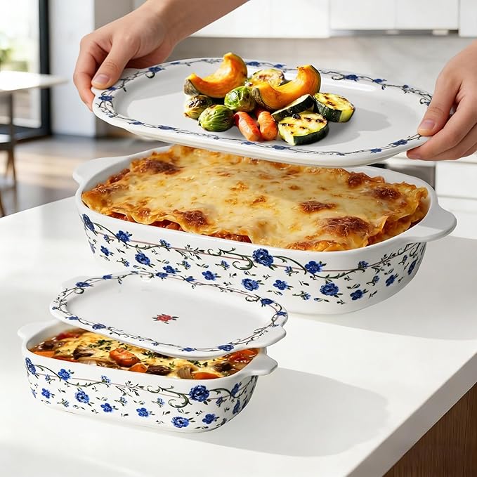 ACMLIFE Ceramic Casserole Dish with Lids for Oven, Large Baking Dish with Lid and Small Ceramic Casserole Dishes with Lid, Bakeware Set Baking Pan Lasagna Pan with Lids & Handles 4 Pcs Set (13x8 Inch+ 8x6 Inch, 2.01 Quart+0.85 Quart, Blue and White), C...