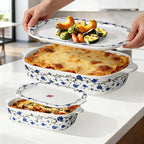 ACMLIFE Ceramic Casserole Dish with Lids for Oven, Large Baking Dish with Lid and Small Ceramic Casserole Dishes with Lid, Bakeware Set Baking Pan Lasagna Pan with Lids & Handles 4 Pcs Set (13x8 Inch+ 8x6 Inch, 2.01 Quart+0.85 Quart, Blue and White), C...