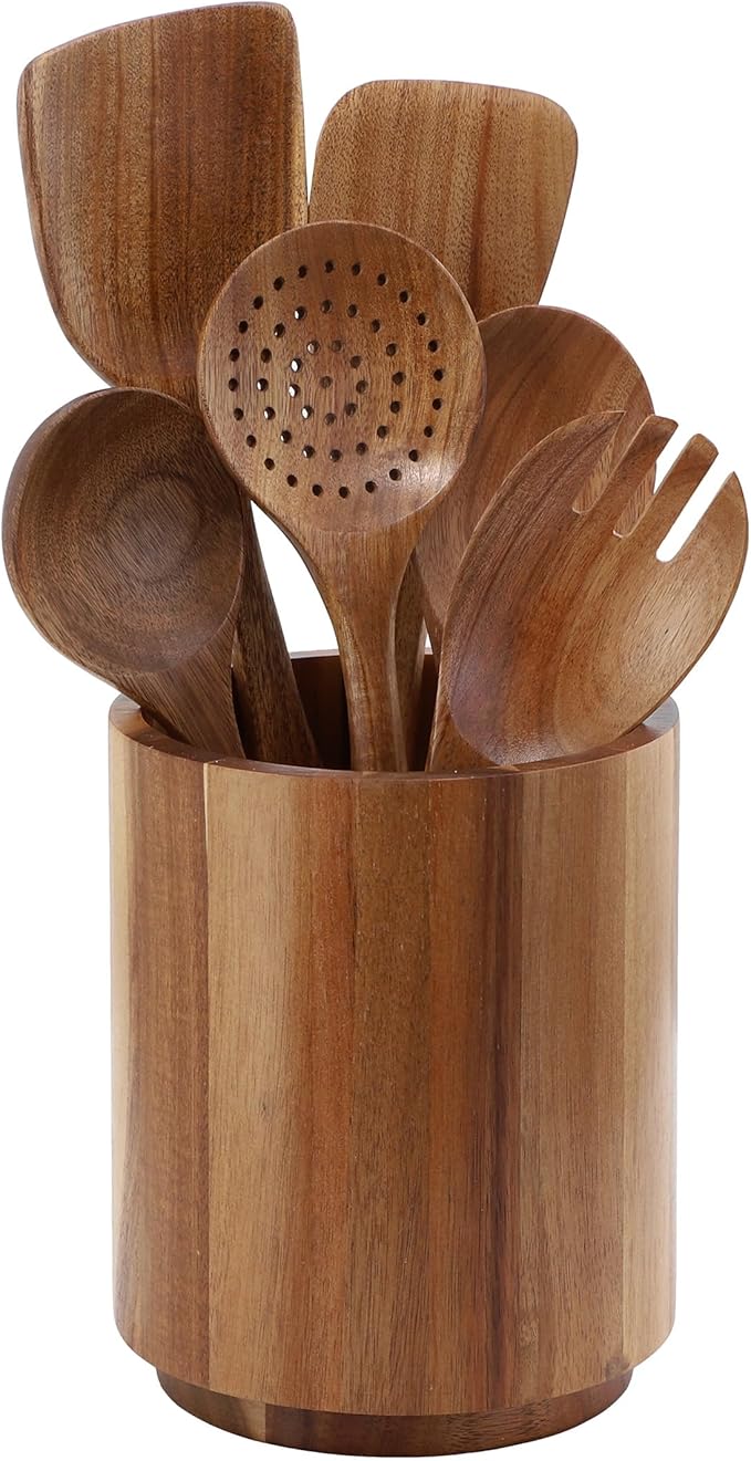 Elama 7 Piece Acacia Wood Kitchen Cooking Utensil Set and Rotating Kitchen Utensil Crock, Cooking Tools, Kitchen Utensils, Countertop Storage (7 Piece Solid)