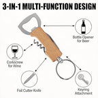 3-in-1 Bottle Opener Keychain (3 Pack), Wooden Handle Corkscrew, Foil Cutter & Beer Opener, Portable Key Ring Bar Tool for Home, Camping, Travel & Outdoor Use