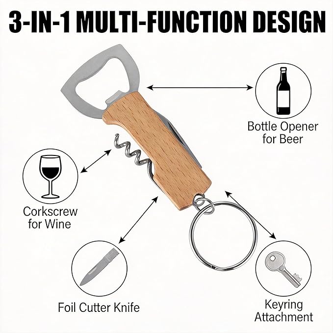 3-in-1 Bottle Opener Keychain (3 Pack), Wooden Handle Corkscrew, Foil Cutter & Beer Opener, Portable Key Ring Bar Tool for Home, Camping, Travel & Outdoor Use