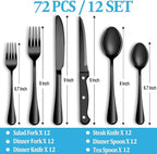 72 Pcs Black Silverware Set with Steak Knives, Stainless Steel Flatware Cutlery Set Service for 12, Kitchen Tableware Set, Utensil Set for Home and Restaurant, Knives Forks Spoon Set, Dishwasher Safe