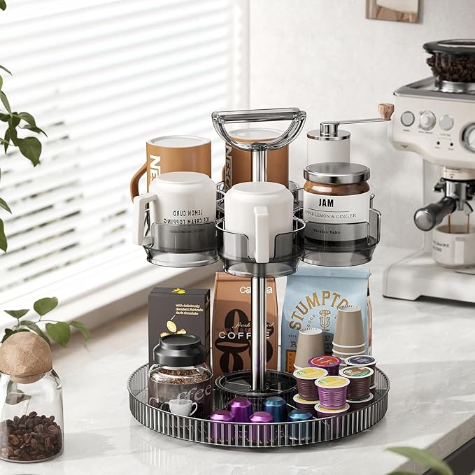 Rotating Coffee Bar Accessories Organizer, 2-Tier Lazy Susan Cup Holder for Stanley 40oz Tumbler with Handle, Countertop Drying Rack Station with Divided Tray for K-Cups, Snacks & Mugs