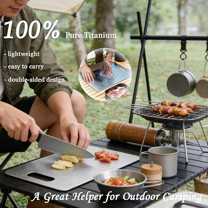 100% Pure Titanium Cutting Board, Double-Sided Titanium Cutting Boards for Kitchen Dishwasher Safe, Camping Metal Charcuterie Chopping Board Mat for Meat, Fruit & Cheese (XL, 13.6”×9.5”)