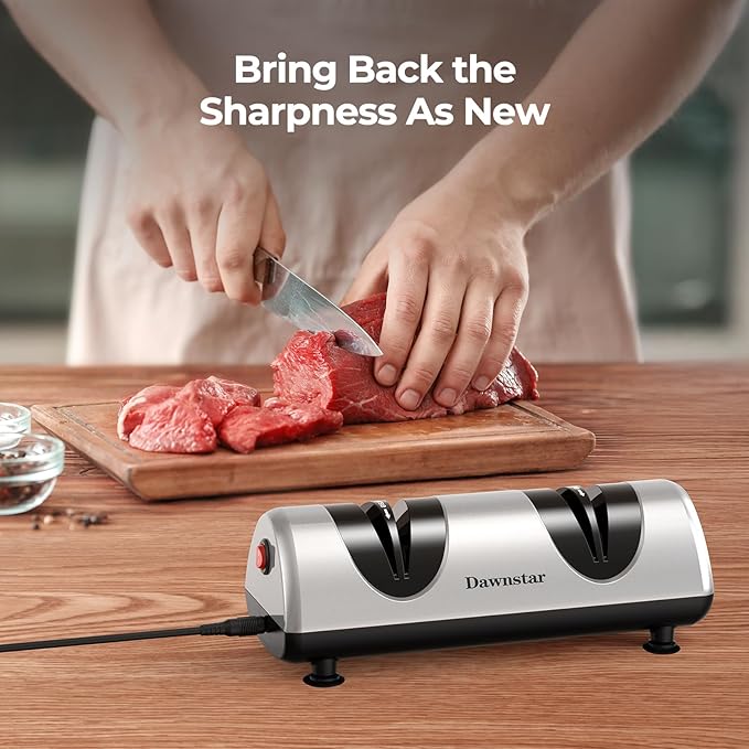 Electric Knife Sharpener, Professional Kitchen Knife Sharpener for Home Use, 2 Stages of Coarse Sharpening & Fine Polishing, Metal Dust Collection Box for Easy Cleaning, Silver Gray
