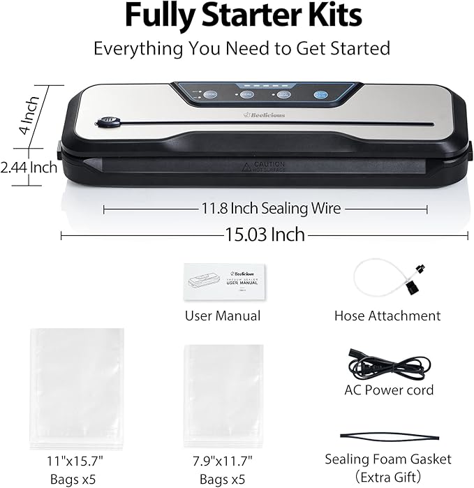 Automatic Food Vacuum Sealer Machine, Beelicious 8-In-1 Food Vacuum Saver with Starter Kits, Pulse Function, Moist & Dry Mode and External VAC for Jars and Containers, Stainless Steel