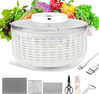 Electric Salad Spinner, 6L Lettuce Spinner Large Capacity USB Chargeble Fruit Vegetable Washer Dryer for Home Kitchen, Include Grater, Scissor, Sauce bottle, 3 Towels
