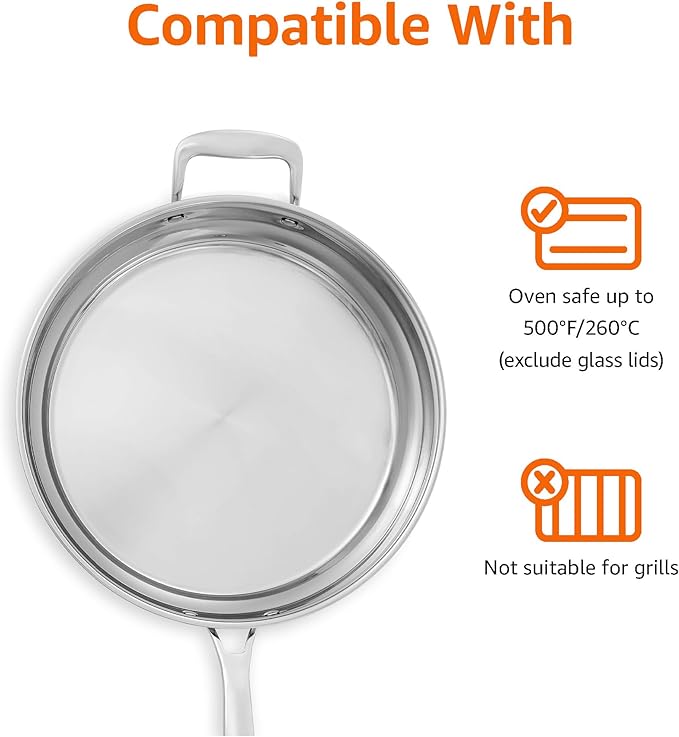 Amazon Basics Stainless Steel Cookware 15-Piece Set, Oven Safe, Induction-Ready, Even Heating, Easy to Clean, Stay-Cool Handles, Pots and Pans, Silver
