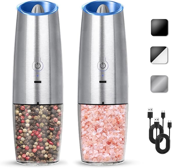 Rechargeable Electric Salt And Pepper Grinder Set, Automatic Gravity Electric Salt And Pepper Grinder Set, Adjustable Roughness, Led Light, 2 Pack, (Silver)
