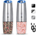 Rechargeable Electric Salt And Pepper Grinder Set, Automatic Gravity Electric Salt And Pepper Grinder Set, Adjustable Roughness, Led Light, 2 Pack, (Silver)