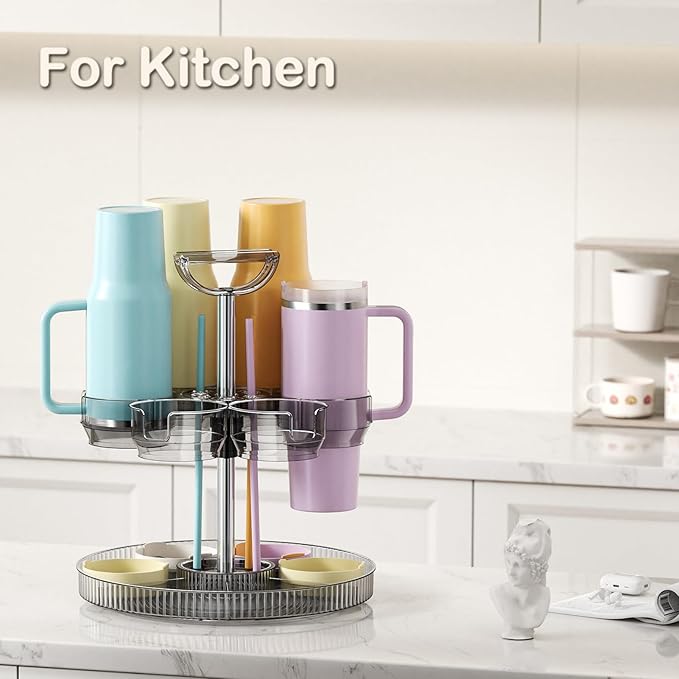 Rotating Coffee Bar Accessories Organizer, 2-Tier Lazy Susan Cup Holder for Stanley 40oz Tumbler with Handle, Countertop Drying Rack Station with Divided Tray for K-Cups, Snacks & Mugs