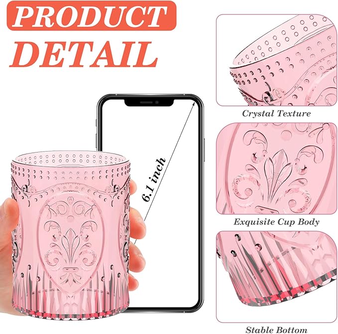 Qinyoung 12 Plastic Vintage Drinking Glasses 8.5oz Stemless Retro Embossed Wine Glasses Shatterproof Reusable Cups for Baby Shower Wedding Reception Grand Event Party (Pink)